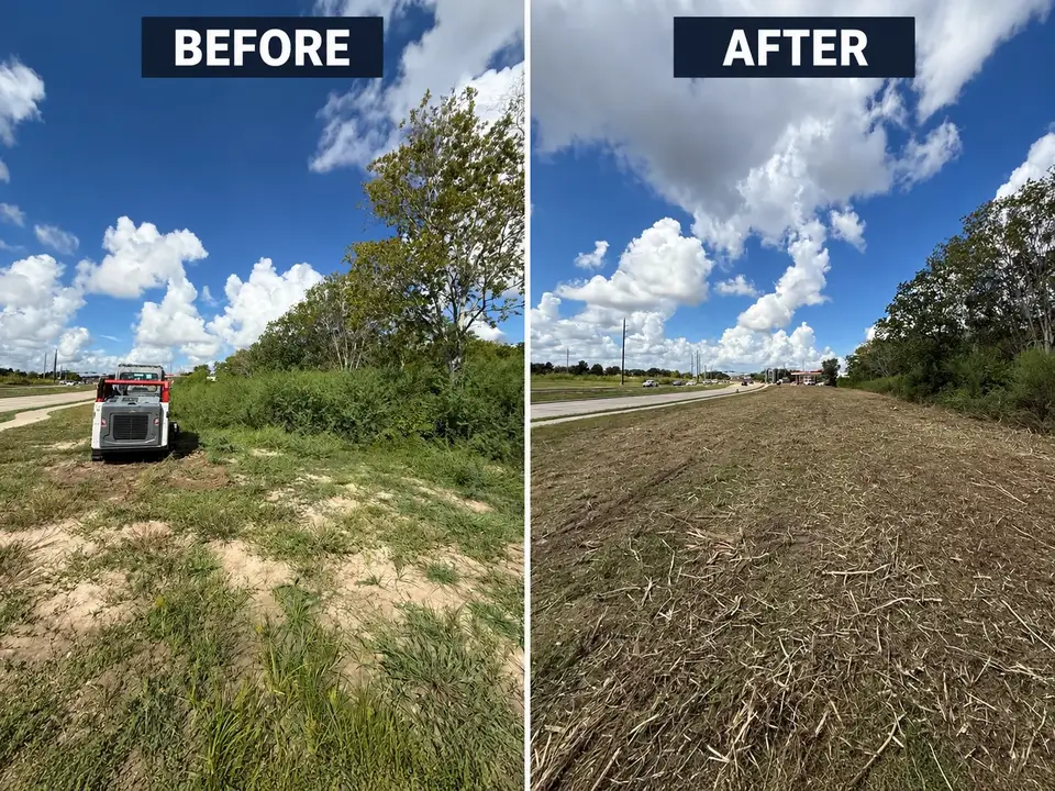 Before and after photos of the West Houston commercial property frontage: overgrown grass and brush with a skid steer at left, cleared roadside strip at right.
