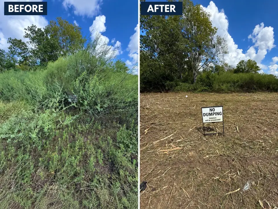 Before and after photos of the property's No Dumping sign, before buried in brush and after the ground around it was cleared.