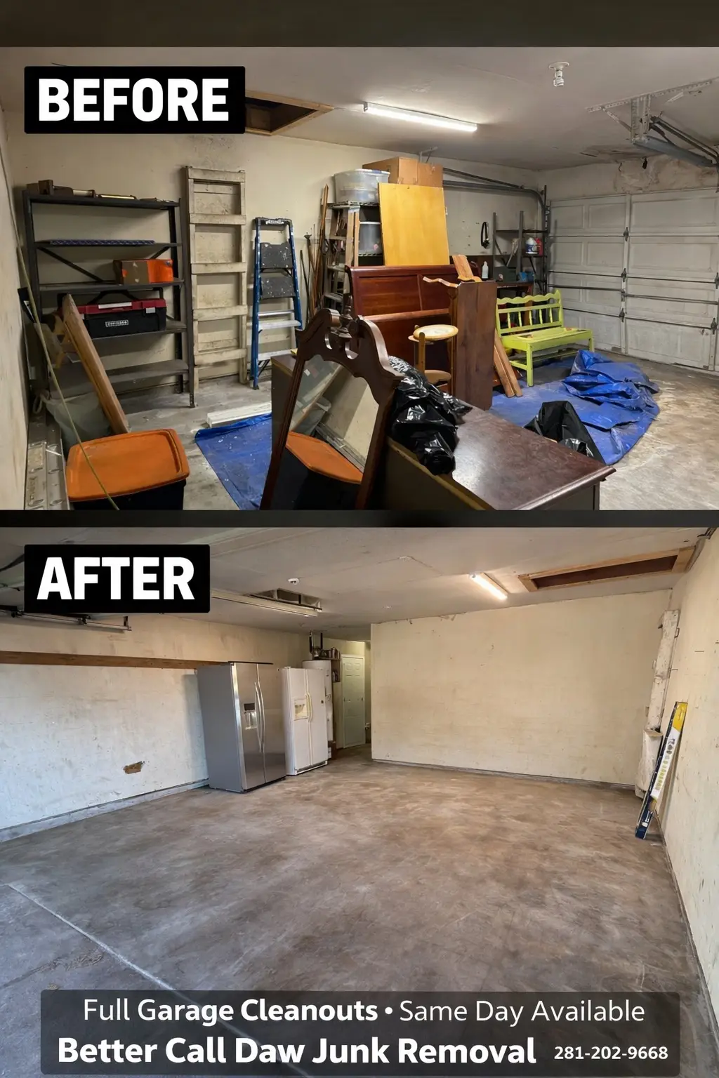 Garage cleanout before and after, Daw's Junk Solutions Pearland TX