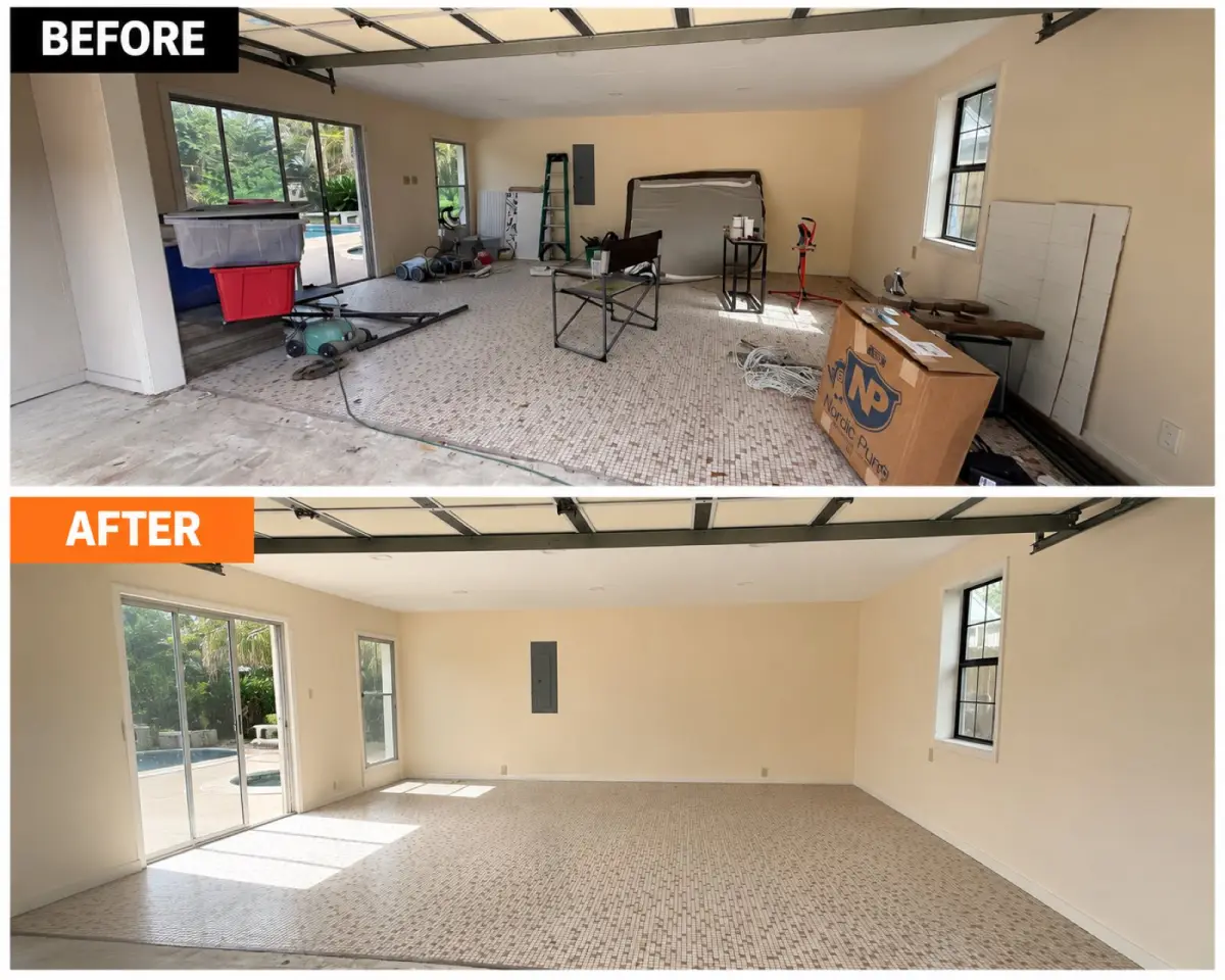 Before and after of a West Houston residential garage cleanout completed before a same-day home closing.